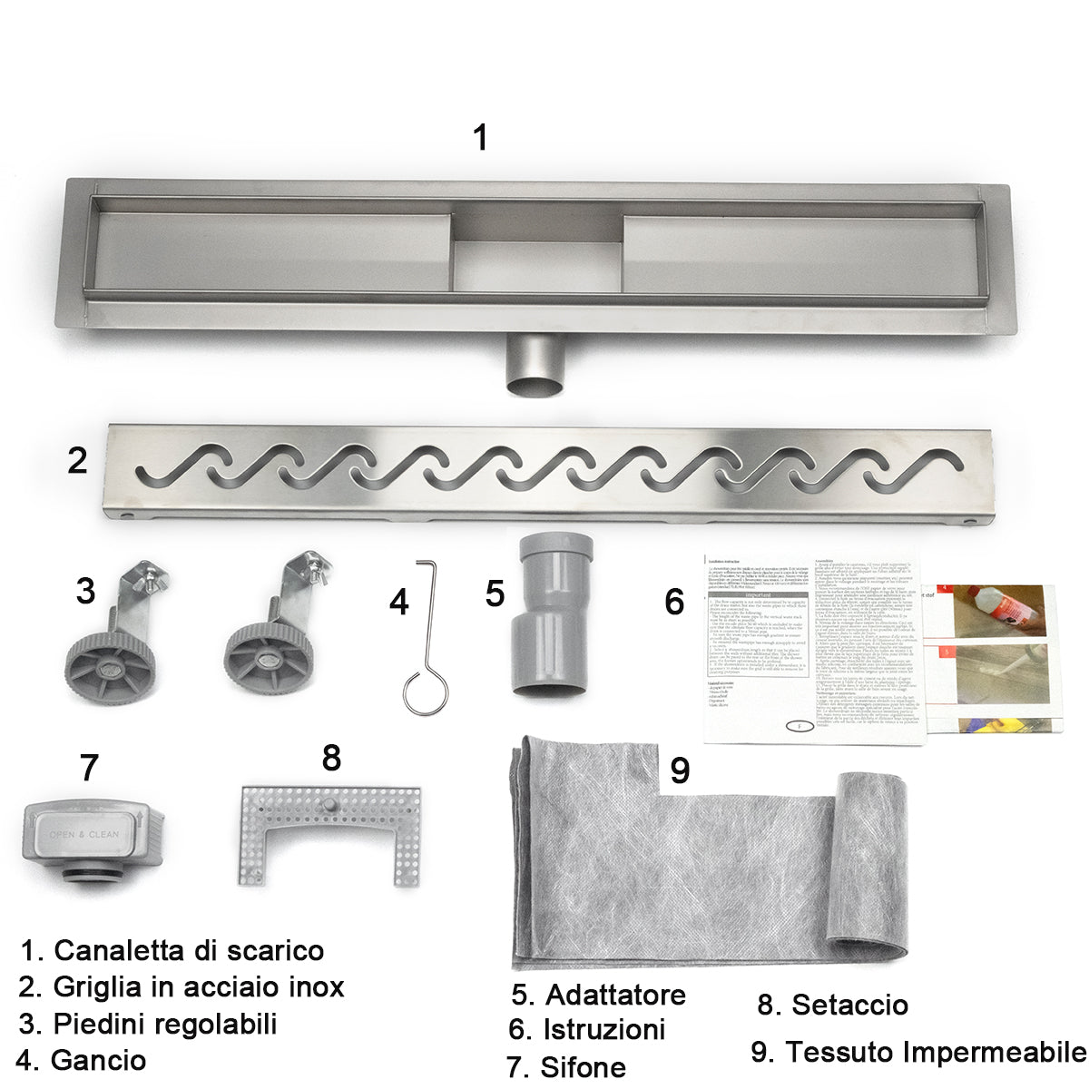 Douchegoot Wave design kabelpaneel betegelbaar RVS afvoerputje voor badkamer 60 70 80 90 100 cm