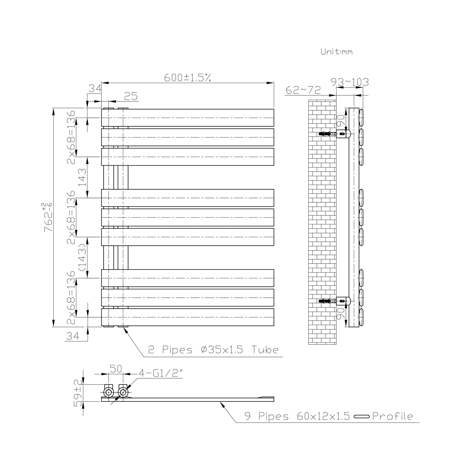 Badmeubelen Designradiator - Handdoekradiatoren - Zijaansluiting - Witte Matt 762 600