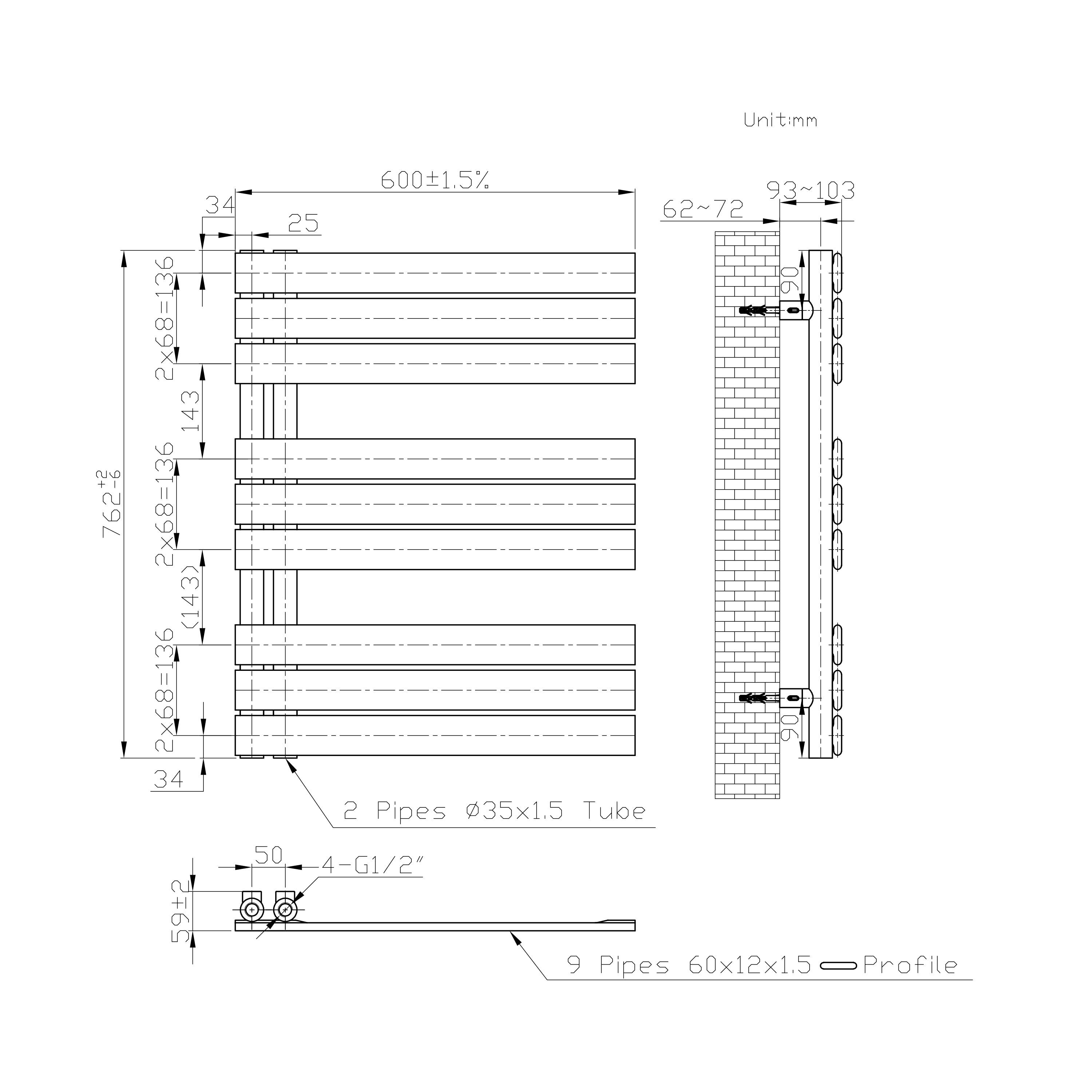 Badmeubelen Designradiator - Handdoekradiatoren - Zijaansluiting - Witte Matt 762 600