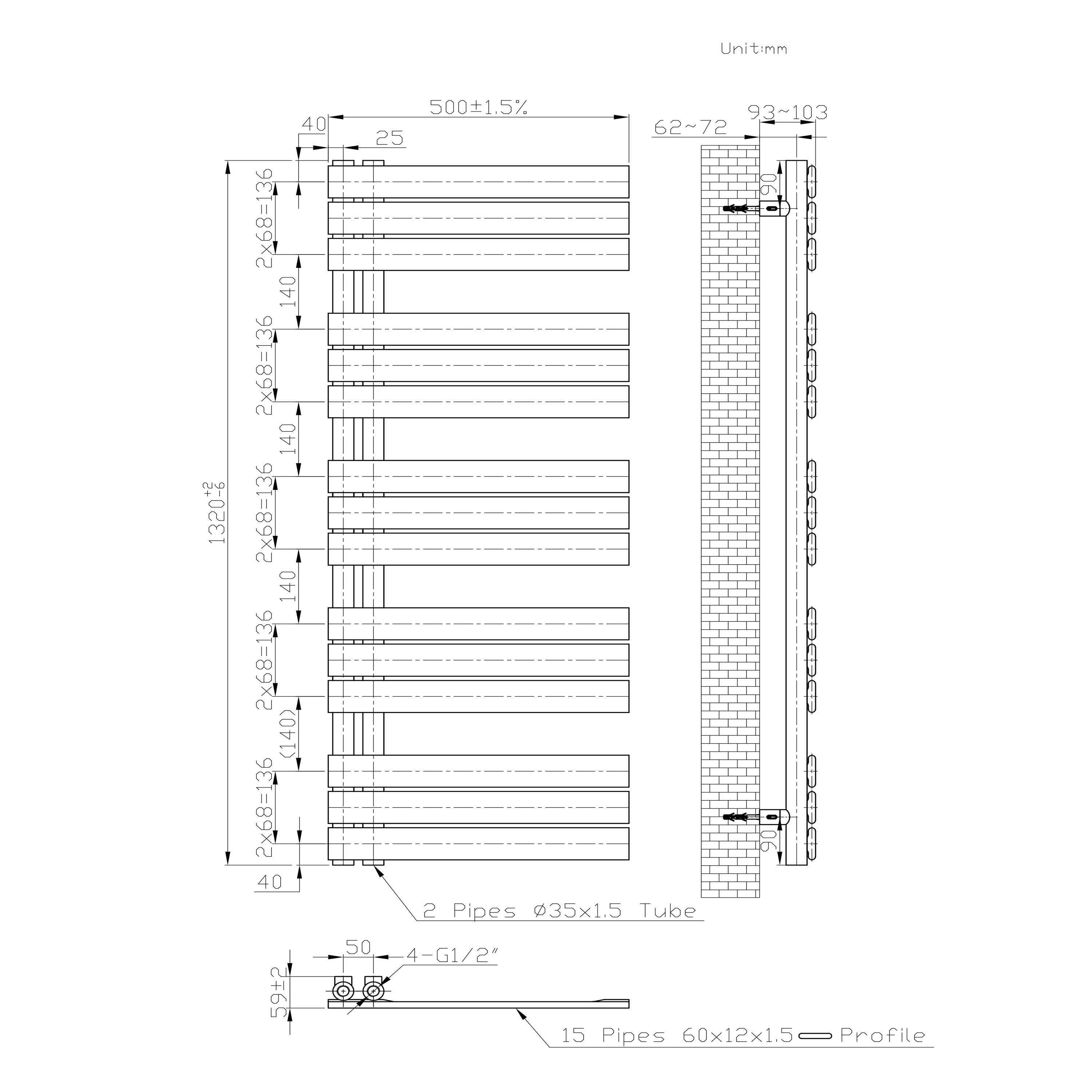 Badmeubelen Designradiator - Handdoekradiatoren - Zijaansluiting - Witte Matt 1320 500