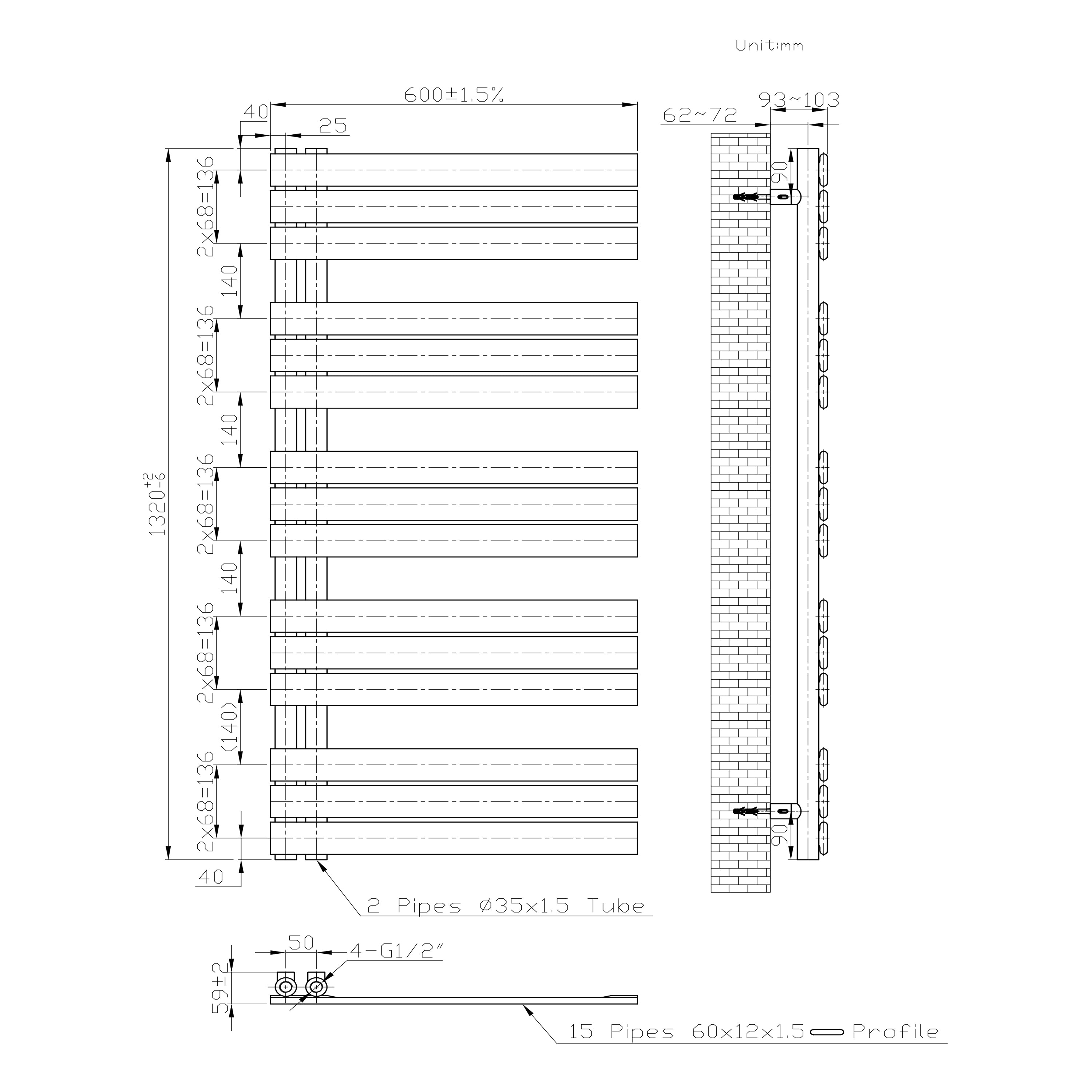 Badmeubelen Designradiator - Handdoekradiatoren - Zijaansluiting - Witte Matt 1320 600