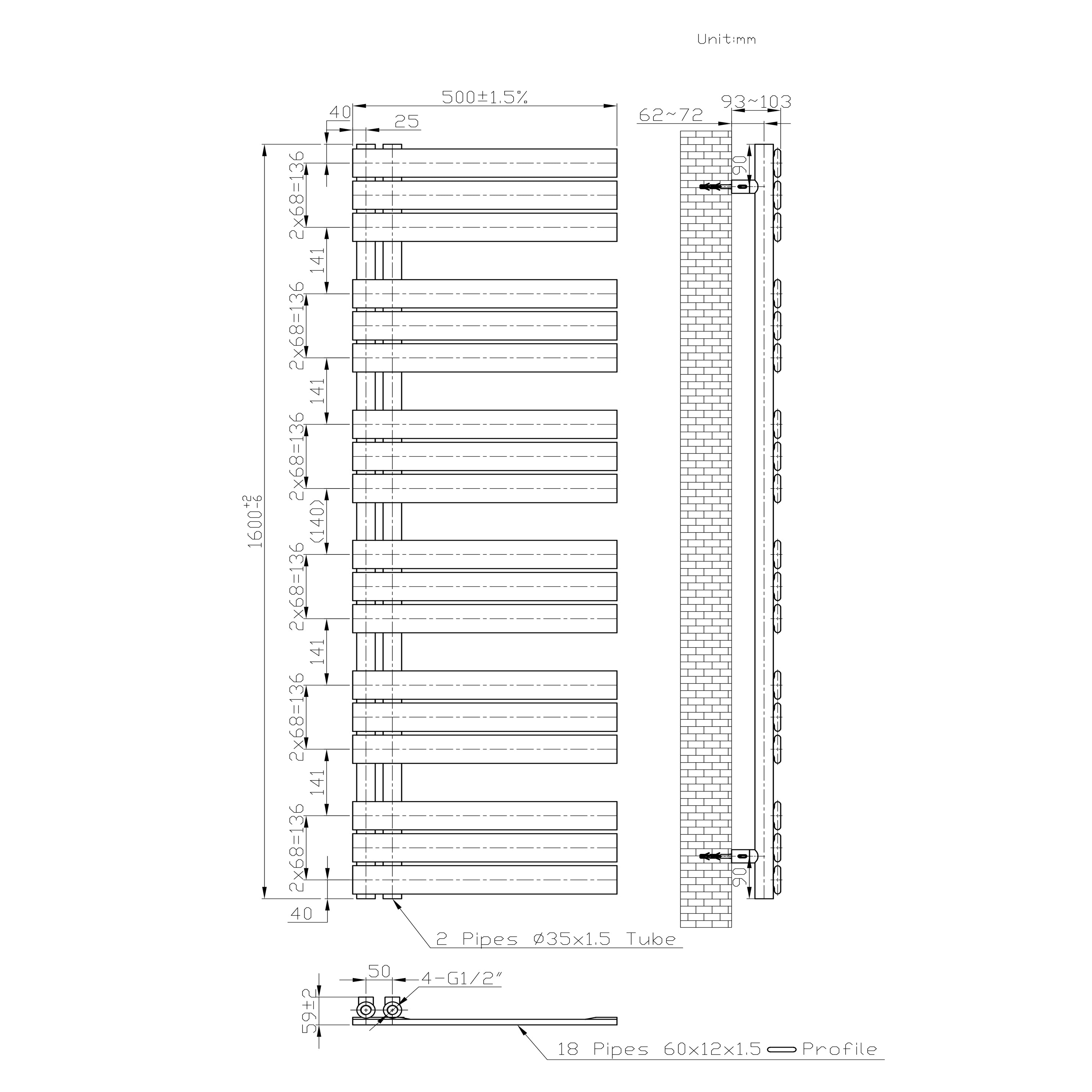 Badmeubelen Designradiator - Handdoekradiatoren - Zijaansluiting - Witte Matt 1599 500
