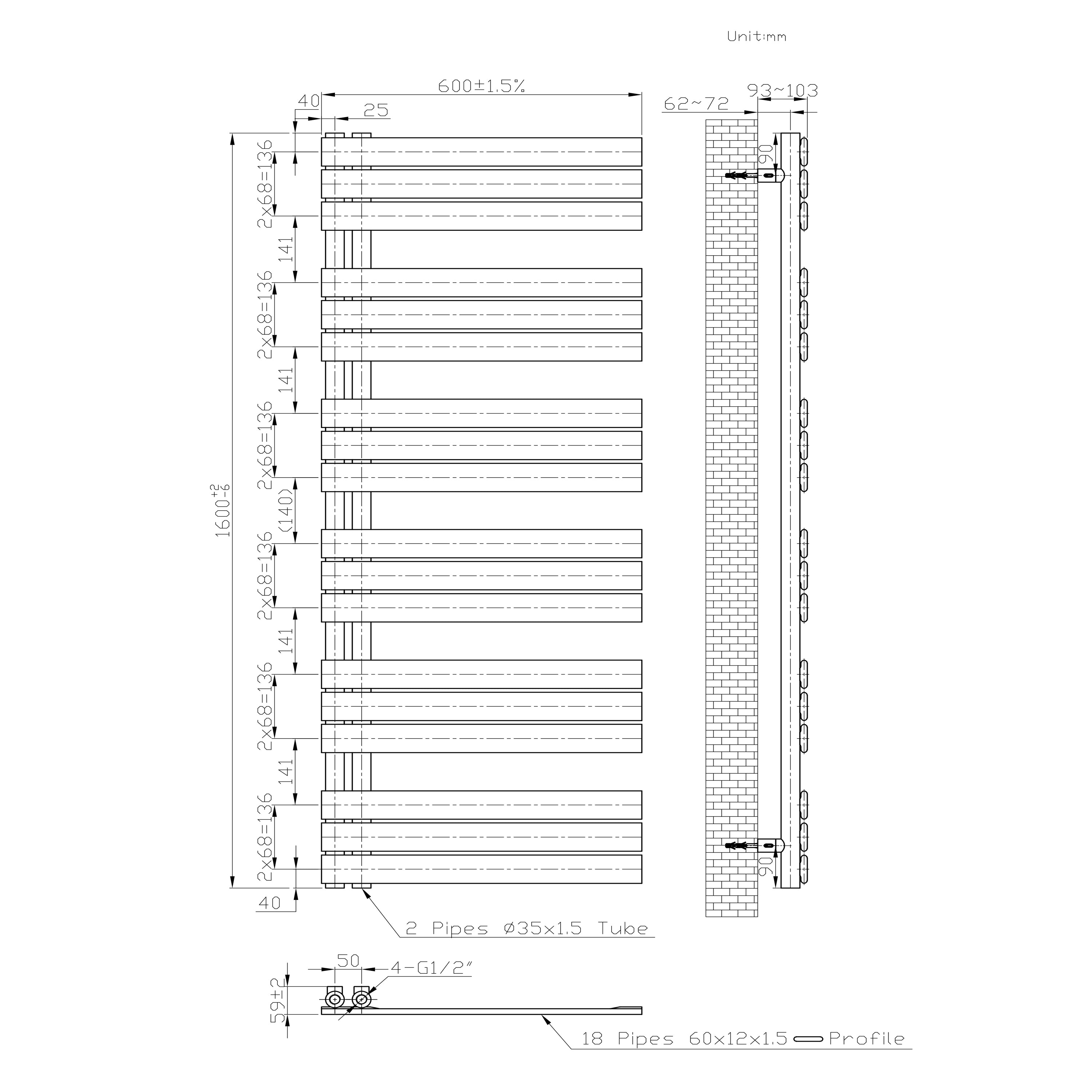 Badmeubelen Designradiator - Handdoekradiatoren - Zijaansluiting - Witte Matt 1599 600