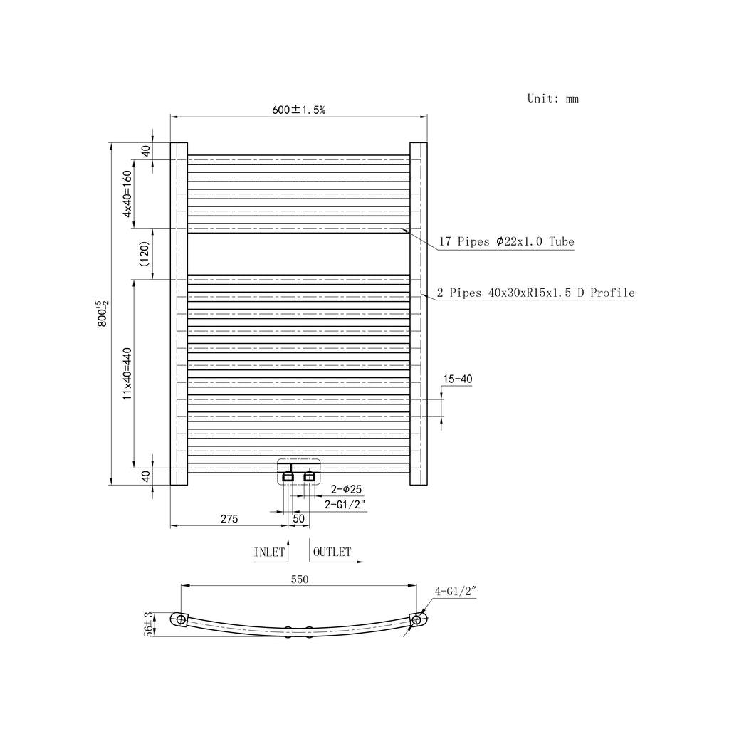 Enkele Gebogen Handdoekradiator Zowel Elektrisch Als CV Mogelijk Mat Wit Zij- En Middenaansluiting 800 600