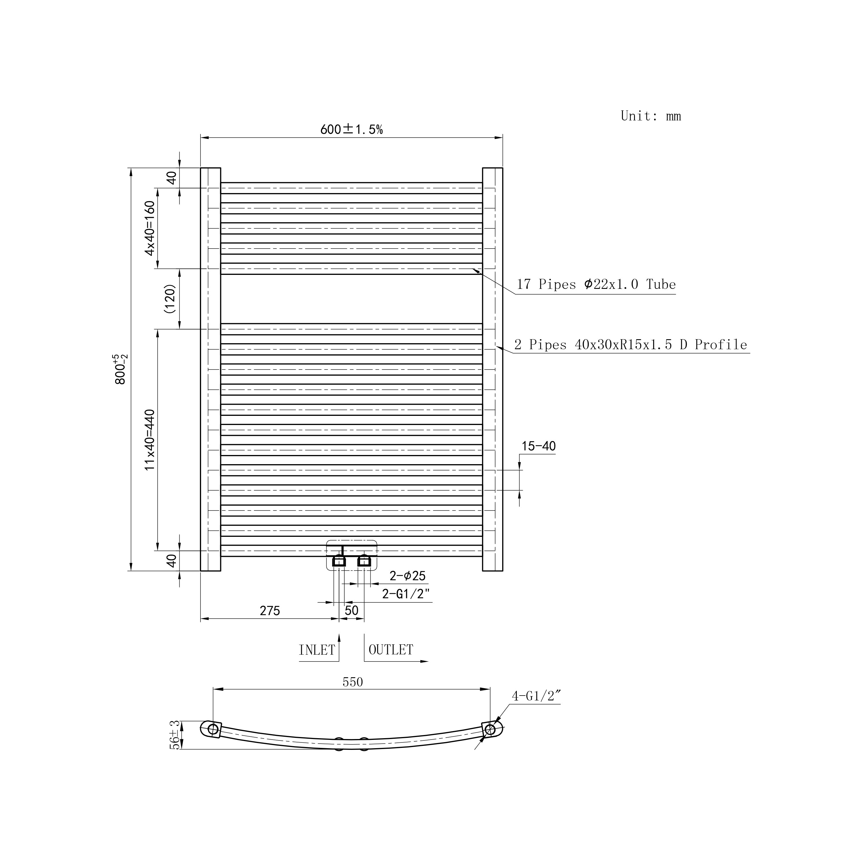 Enkele Gebogen Handdoekradiator Zowel Elektrisch Als CV Mogelijk Mat Wit Zij- En Middenaansluiting 800 600
