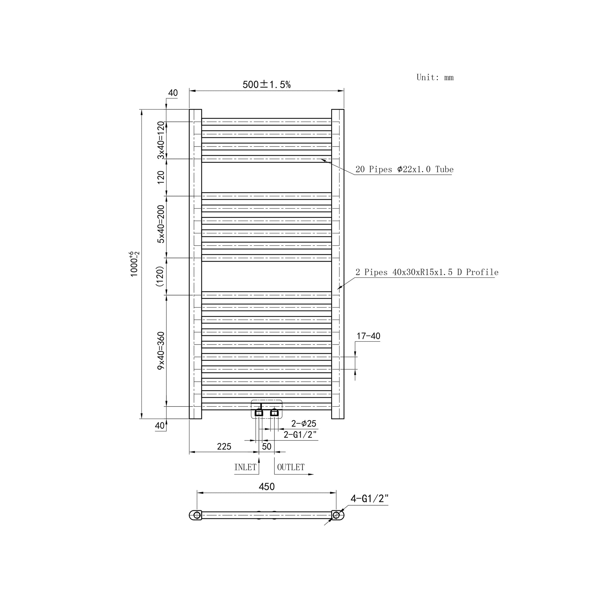 Enkele Recht Handdoekradiator Zowel Elektrisch Als CV Mogelijk Mat Wit Zij- En Middenaansluiting 1000 500