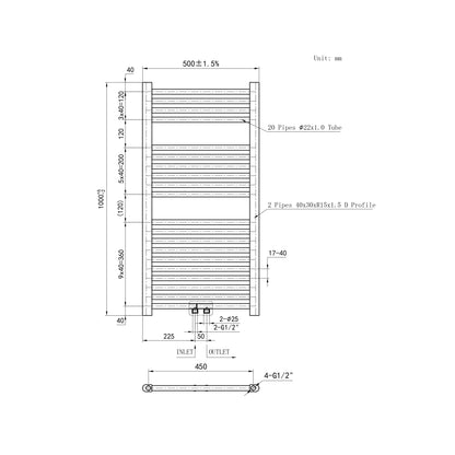 Enkele Recht Handdoekradiator Zowel Elektrisch Als CV Mogelijk Mat Wit Zij- En Middenaansluiting 1000 500