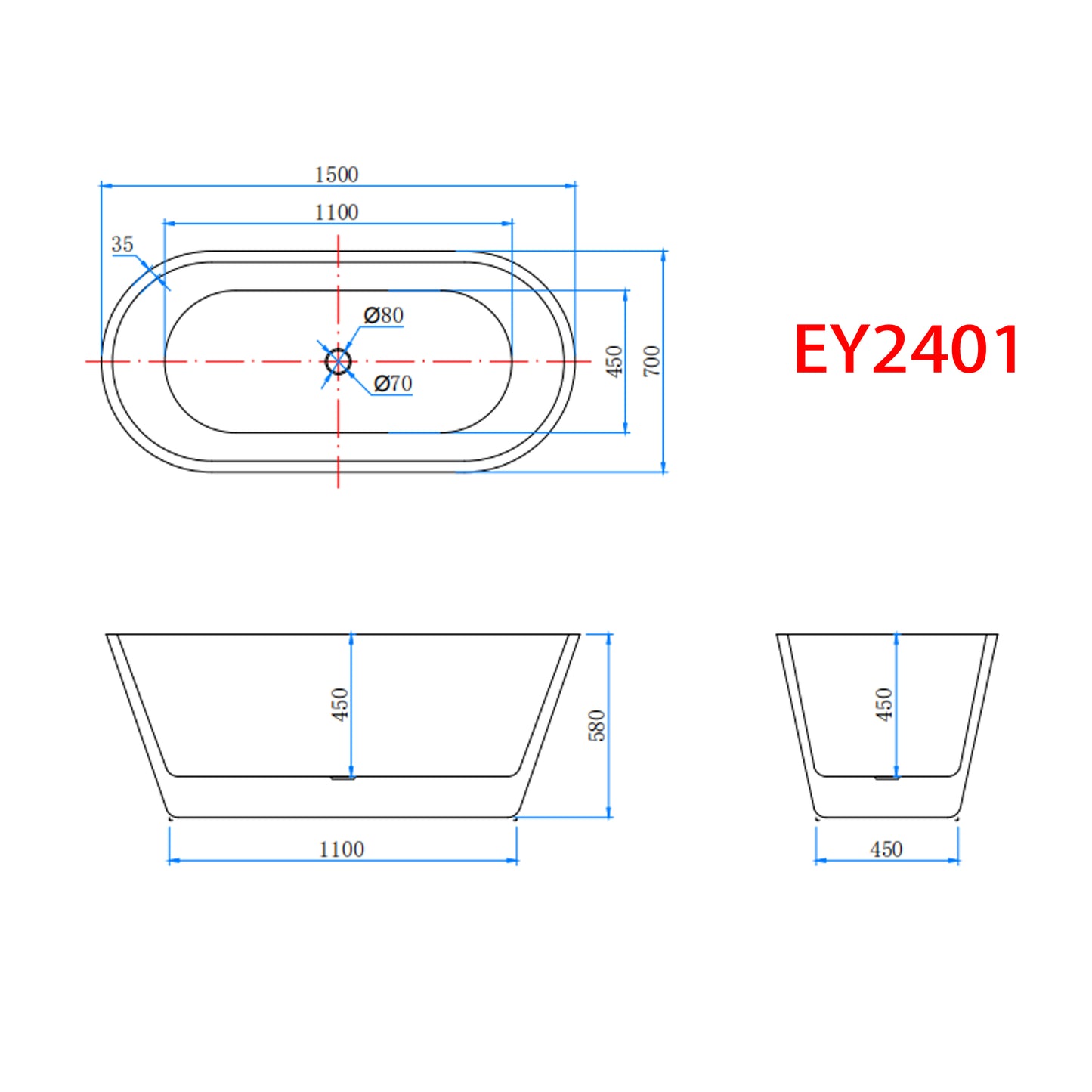 Moderne design badkamer 1500x700mm vrijstaand bad met twee uiteinden