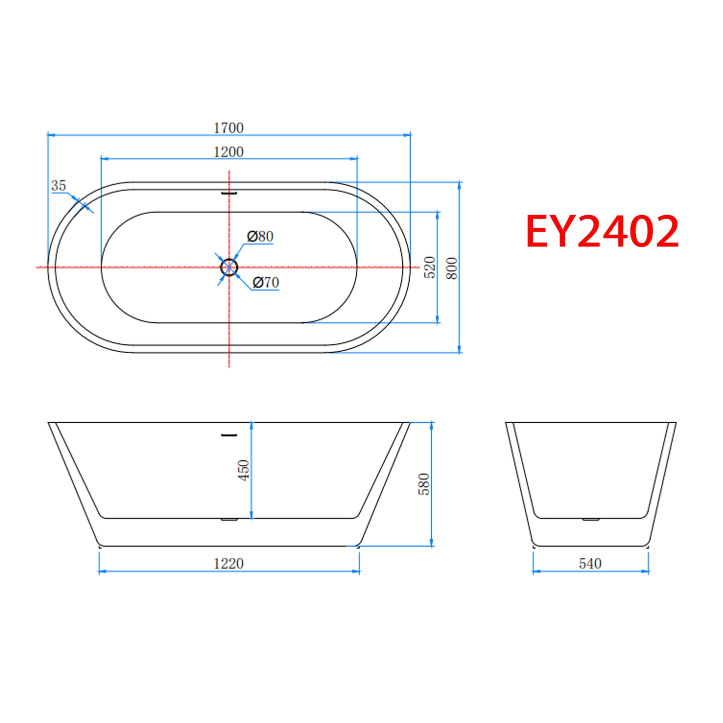 Moderne design badkamer 1700x800mm vrijstaand bad met twee uiteinden