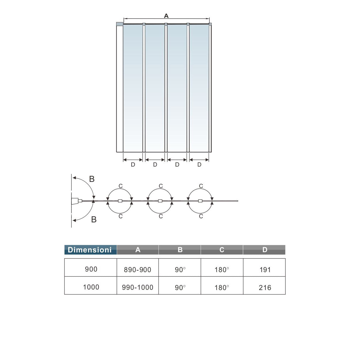 4-delig opklapbaar badscherm, douchescherm, 90 x 140 cm, douchewand, badopzetstuk