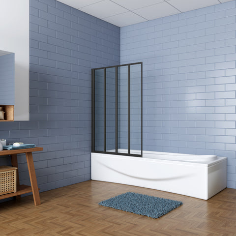 4-delig zwart opklapbaar badscherm, douchescherm, 90 x 140 cm, douchewand, badopzetstuk