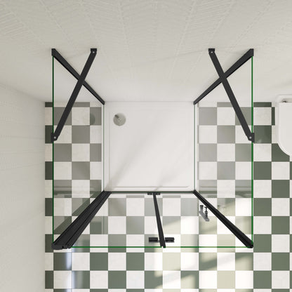 Douchecabine met vouwdeur en twee vaste zijwanden (verkrijgbaar in diverse maten), 6mm helder EasyClean veiligheidsglas, matzwart aluminium frame, diverse stabilisatorstang mogelijkheden