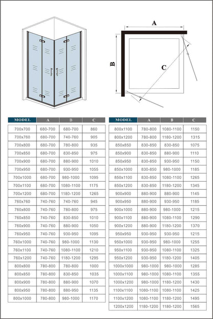 70/76/80/90/100/110/120x70/76/80/90/100/110/120x185cm Douchecabine Vierkant Hoekinstap Draaideur Antikalk Helder Glas Mat Zwart Profiel 6mm Veiligheidsglas Easy Clean