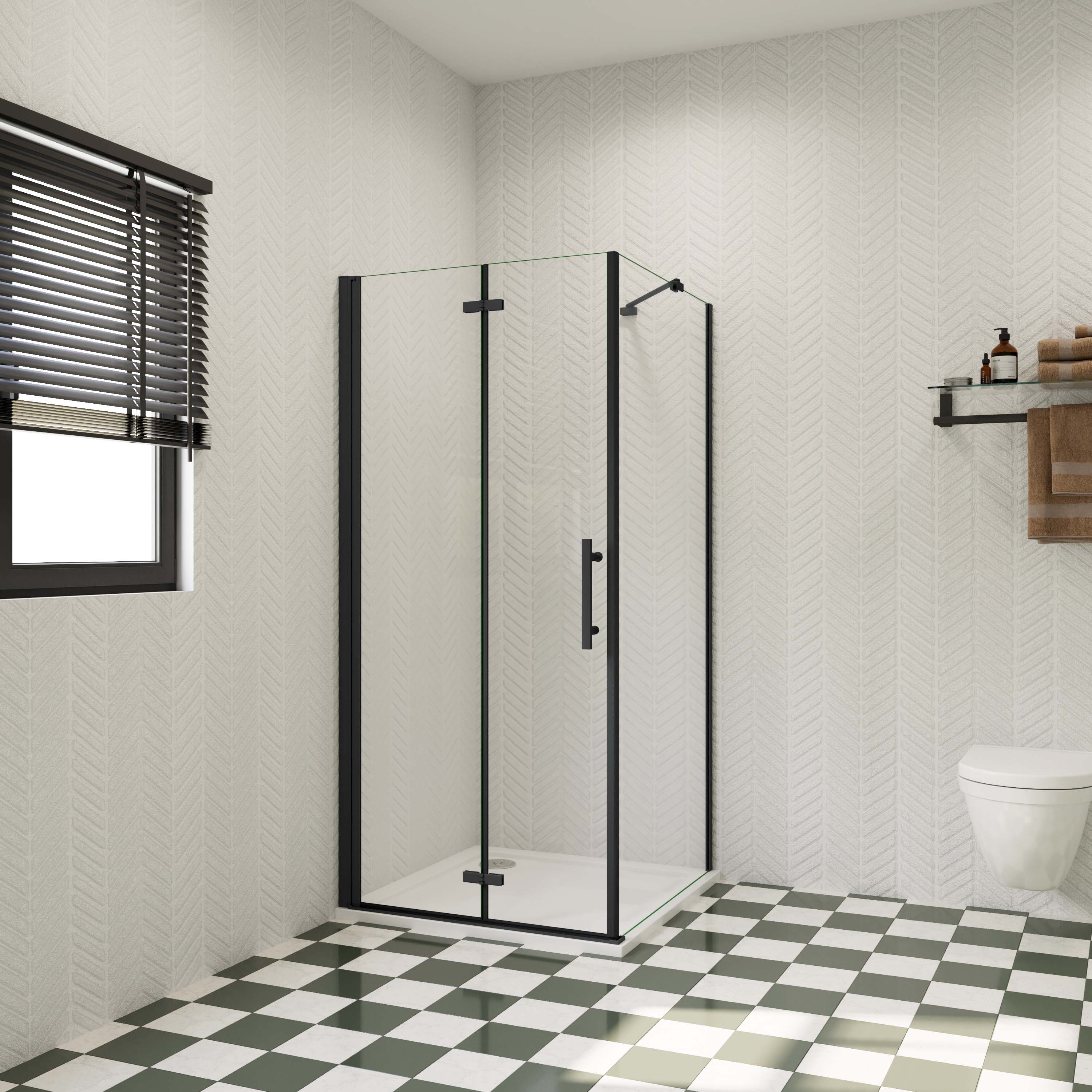 Douchecabine met vouwdeur en vaste zijwanden (verkrijgbaar in diverse maten), 6mm helder EasyClean veiligheidsglas, mat zwart aluminium frame, stabilisatiestang 45 cm Hoog 195
