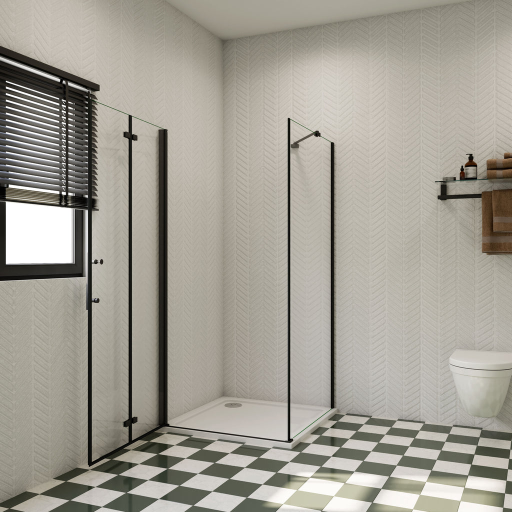 Douchecabine met vouwdeur en vaste zijwanden (verkrijgbaar in diverse maten), 6mm helder EasyClean veiligheidsglas, mat zwart aluminium frame, stabilisatiestang 45 cm Hoog 195