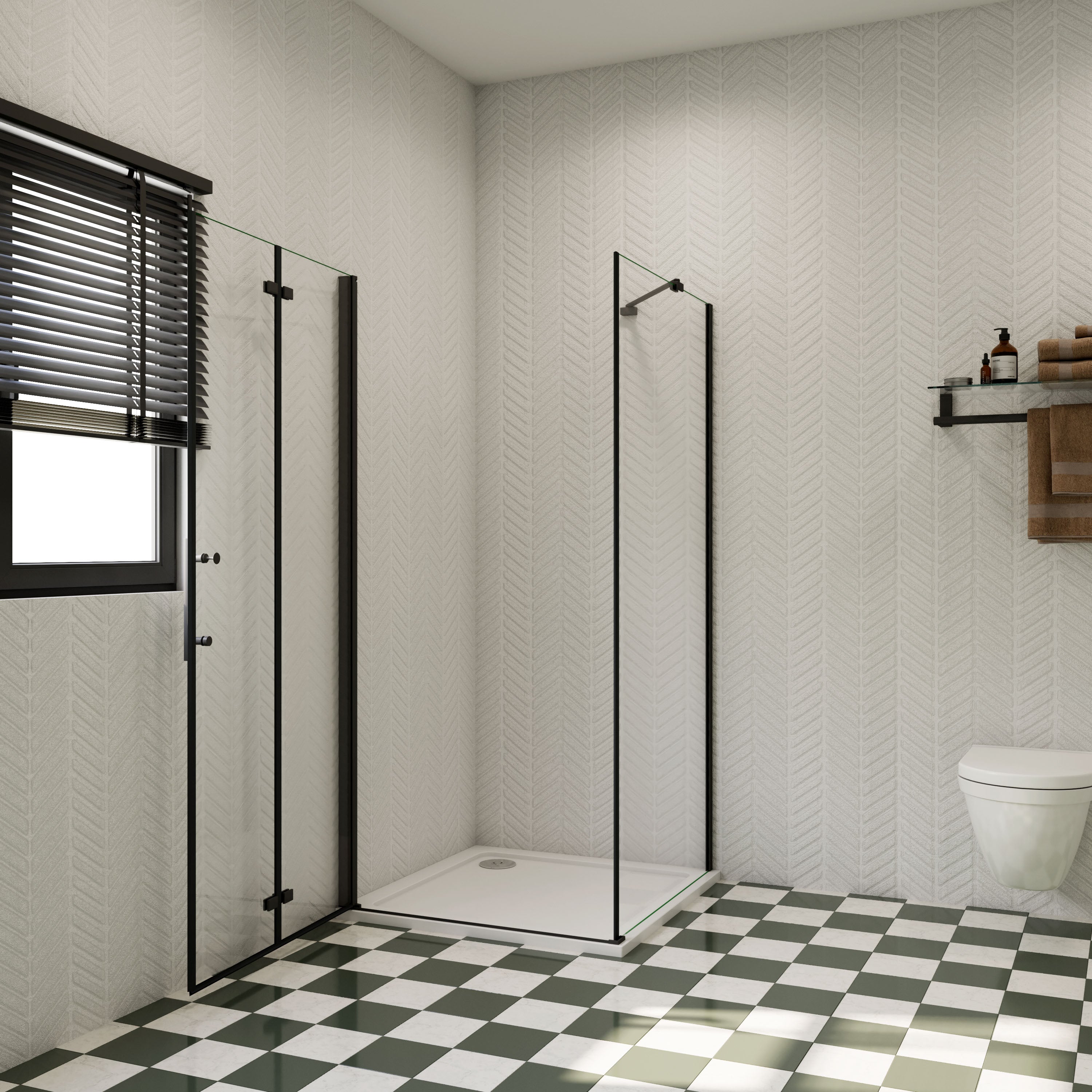 Douchecabine met vouwdeur en vaste zijwanden (verkrijgbaar in diverse maten), 6mm helder EasyClean veiligheidsglas, mat zwart aluminium frame, stabilisatiestang 45 cm Hoog 195