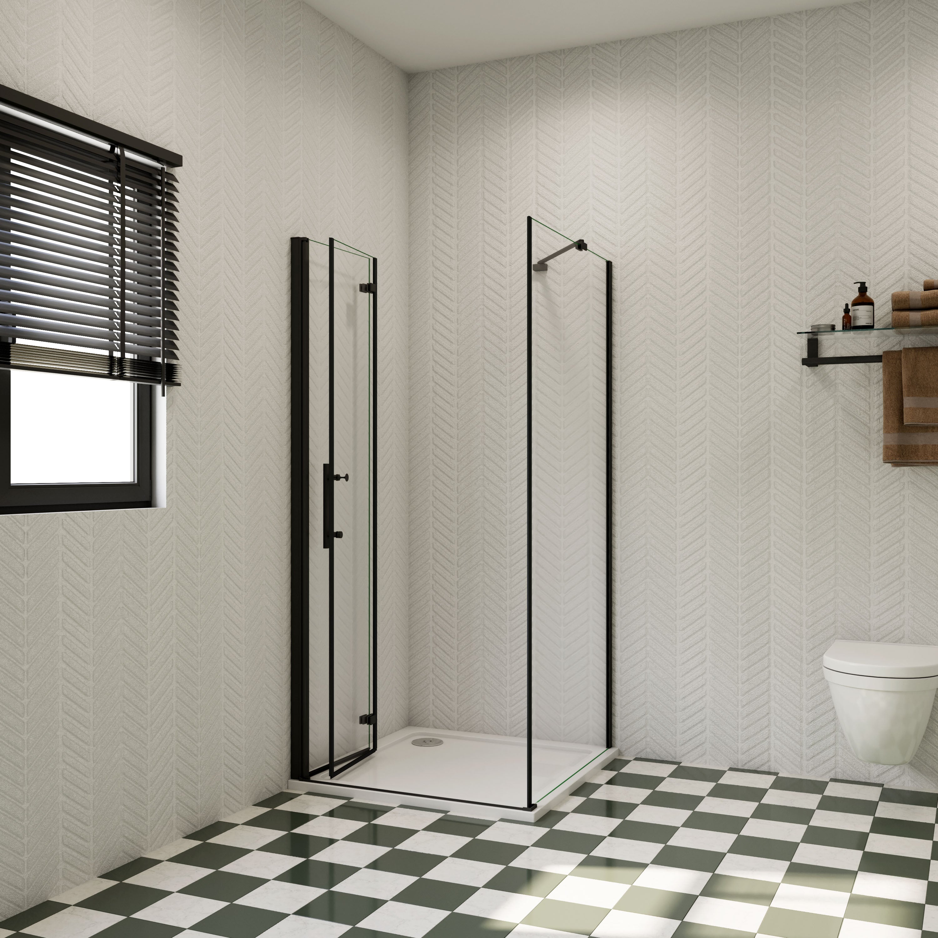 Douchecabine met vouwdeur en vaste zijwanden (verkrijgbaar in diverse maten), 6mm helder EasyClean veiligheidsglas, mat zwart aluminium frame, stabilisatiestang 45 cm Hoog 195