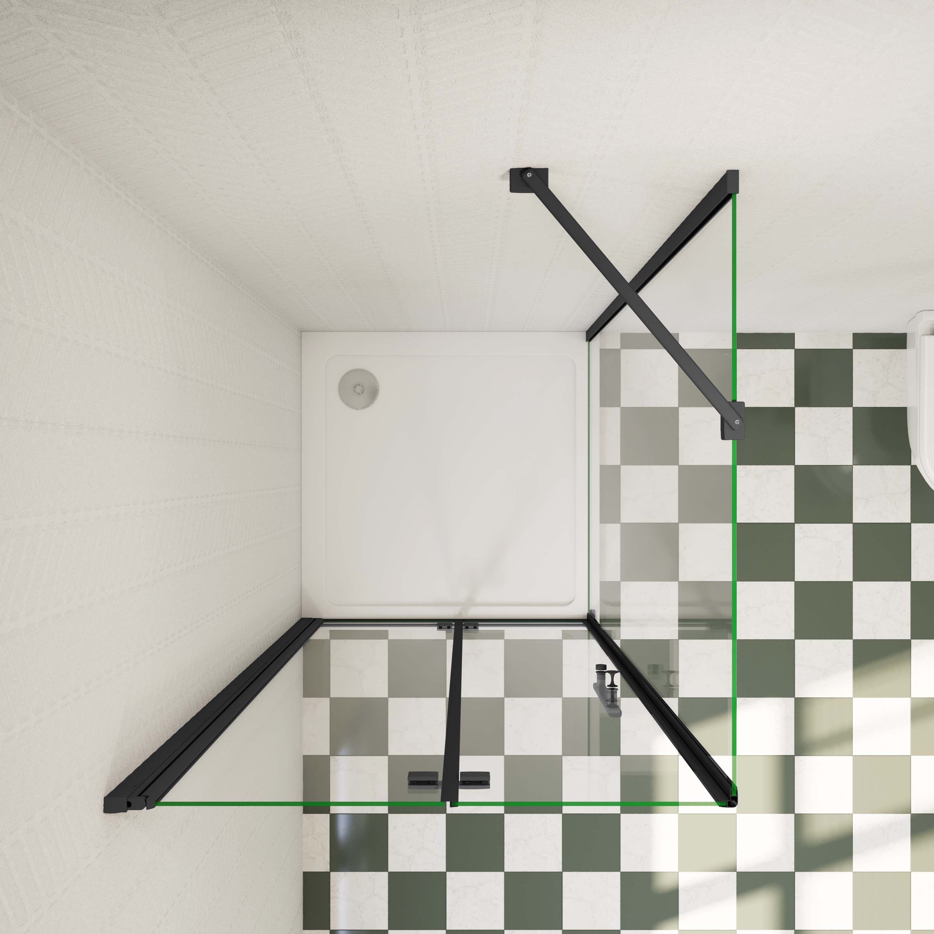 Douchecabine met vouwdeur en vaste zijwanden (verkrijgbaar in diverse maten), 6mm helder EasyClean veiligheidsglas, mat zwart aluminium frame, stabilisatiestang 45 cm Hoog 195