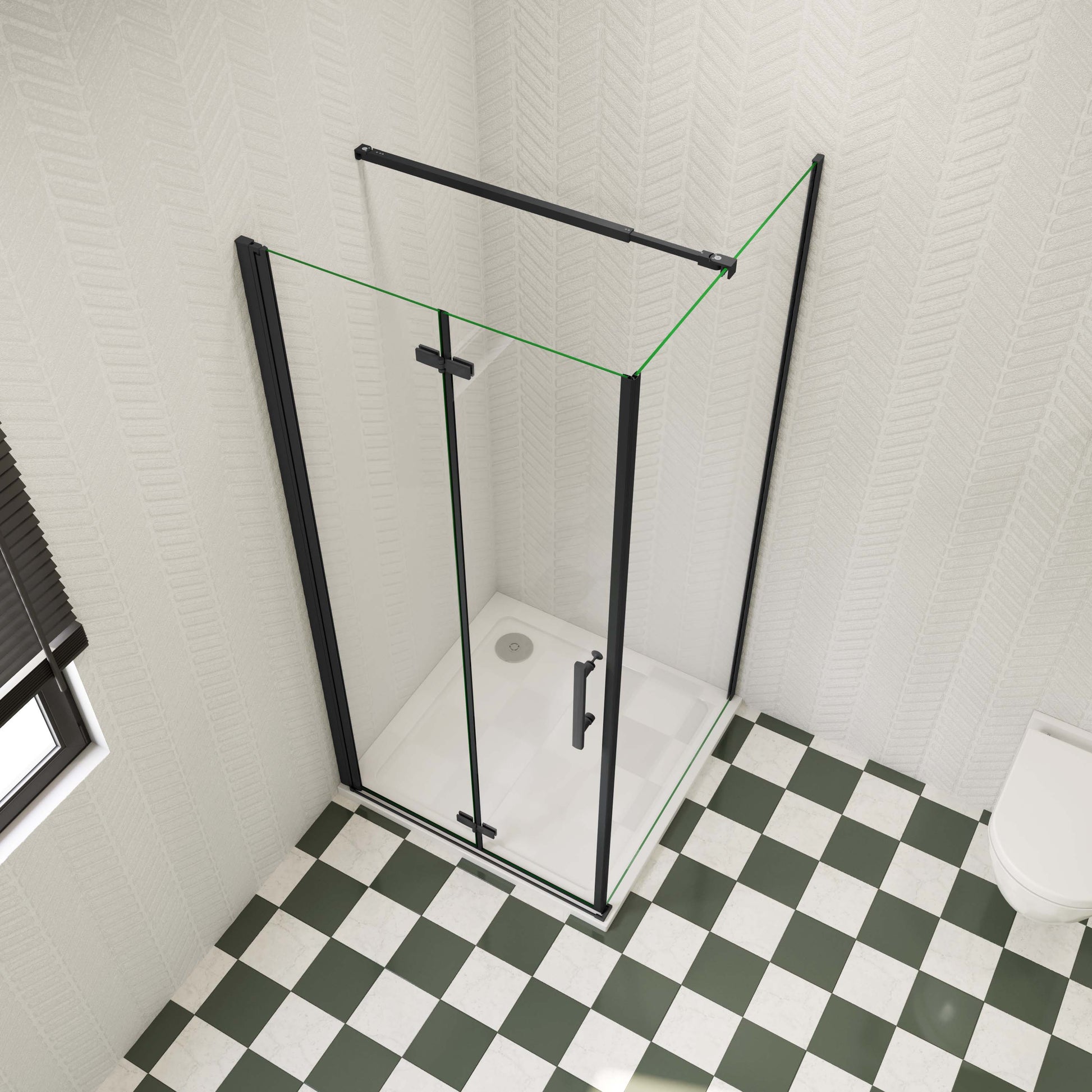 Multisize douchecabine met vouwdeur en vaste zijwanden, 6 mm helder EasyClean veiligheidsglas, mat zwart aluminium frame, stabilisatorstang 90/140 cm optioneel