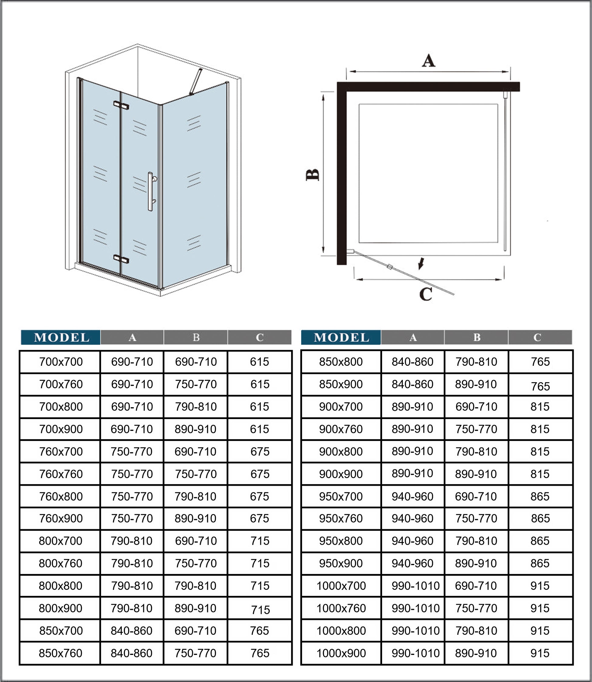 Multisize douchecabine met vouwdeur en vaste zijwanden, 6 mm helder EasyClean veiligheidsglas, mat zwart aluminium frame, stabilisatorstang 90/140 cm optioneel