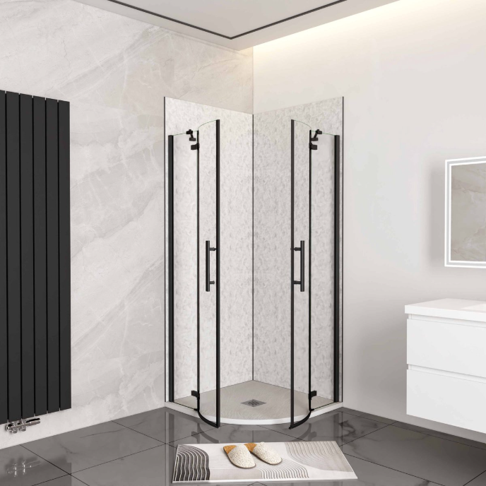 AICA Kwartronde Douchecabine 90x90x195cm – Dubbele Draaideuren, 6mm Veiligheidsglas, Antikalk, Mat Zwart