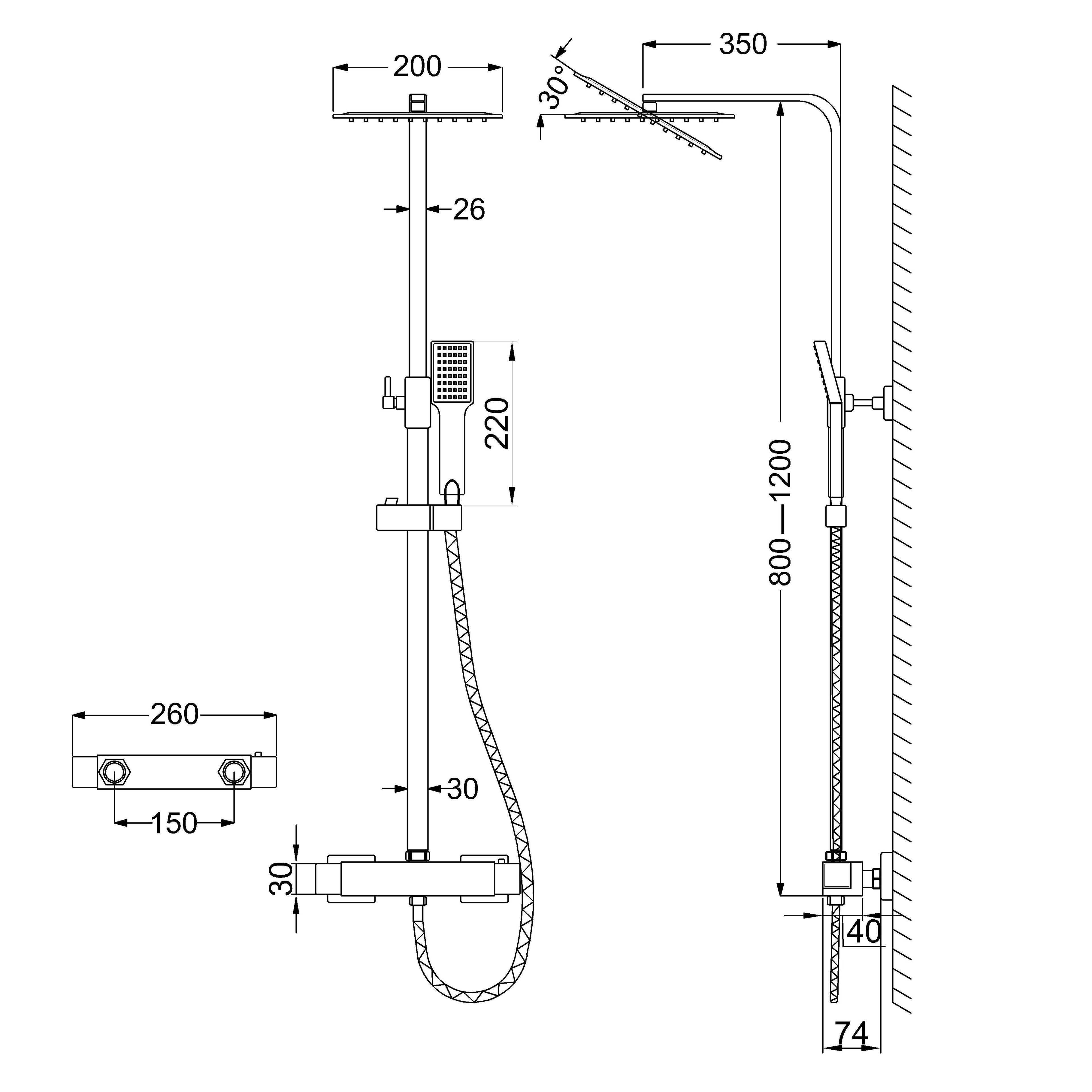 Regendoucheset Vierkant met thermostatische douchekraan en met handdouche£¬Opbouw???Mat Zwart