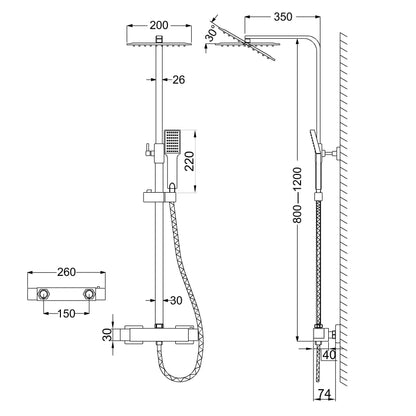 Regendoucheset Vierkant met thermostatische douchekraan en met handdouche£¬Opbouw???Mat Zwart