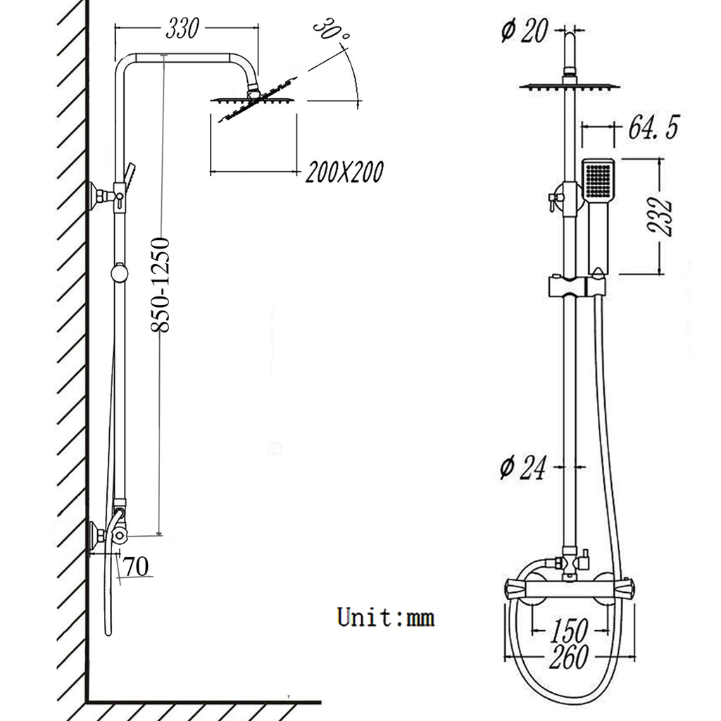 Met thermostaat en handdouche, hoogte 85-125 cm, complete set, met 360¡ã draaibare regendouchekop en in hoogte verstelbare douchestang