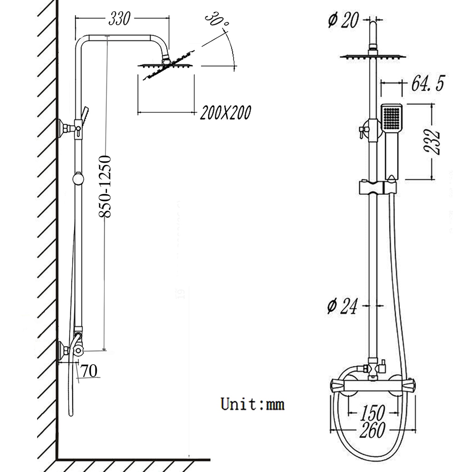 Met thermostaat en handdouche, hoogte 85-125 cm, complete set, met 360¡ã draaibare regendouchekop en in hoogte verstelbare douchestang