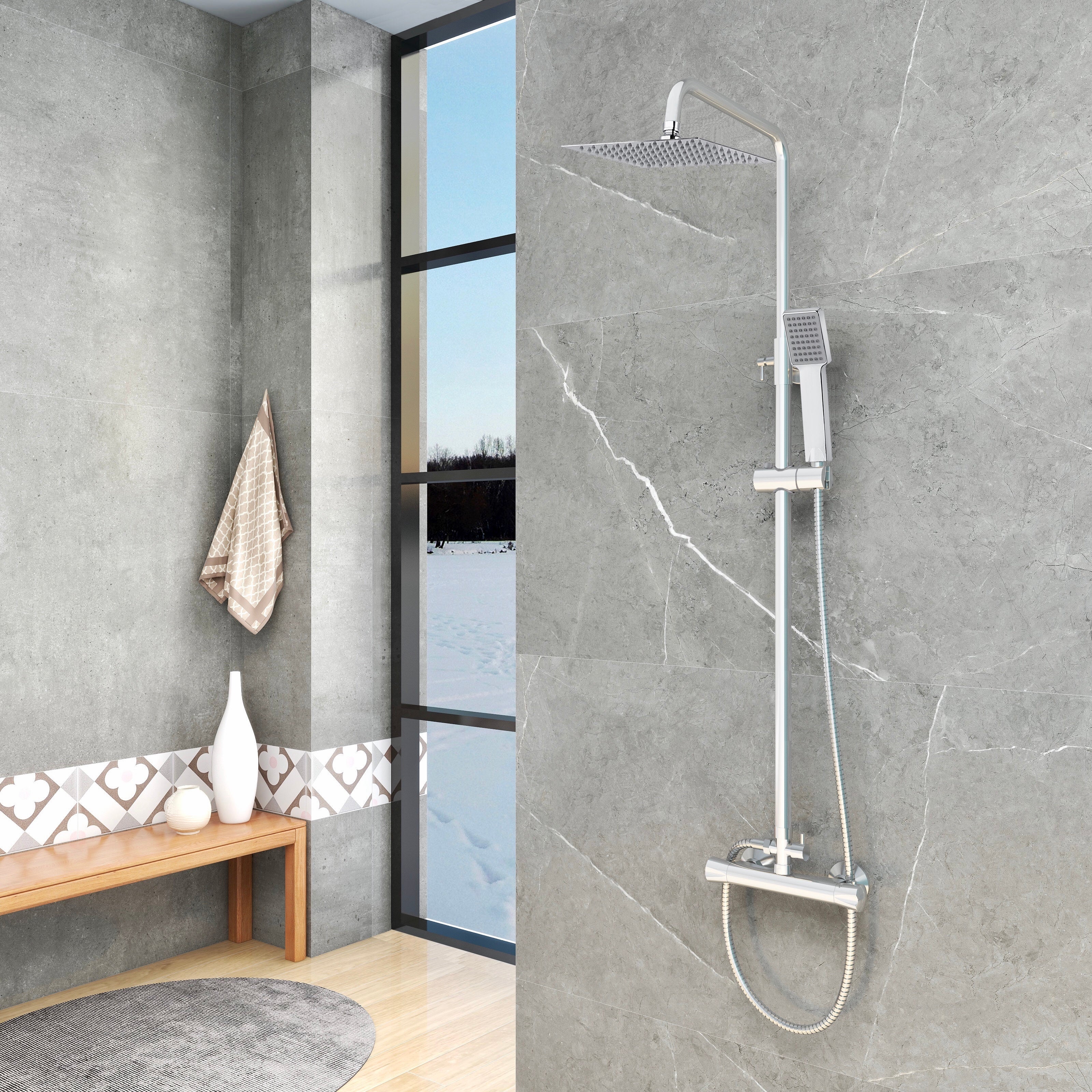 Met thermostaat en handdouche, hoogte 85-125 cm, complete set, met 360¡ã draaibare regendouchekop en in hoogte verstelbare douchestang
