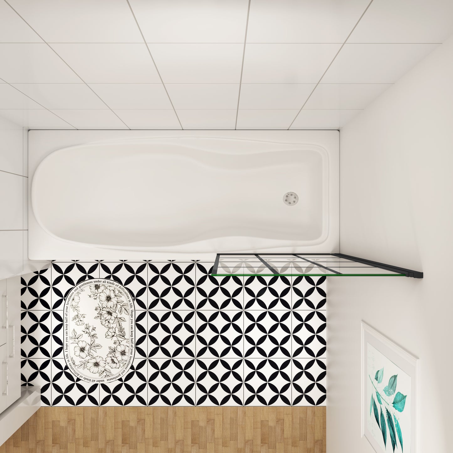 Douchescherm voor badkuip met vaste badkuipbevestiging, 80x140 cm zwart industrieel design, 6mm veiligheidsglas