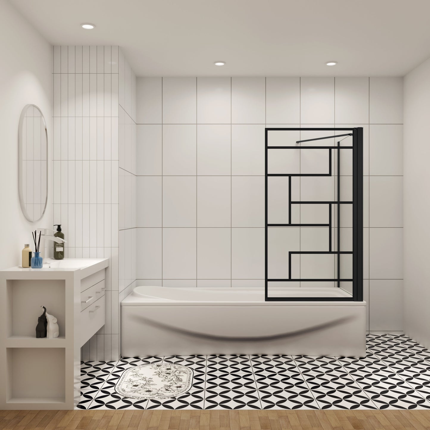 75cm zijwand + douchescherm voor badkuip met vaste badkuipbevestiging, 6mm veiligheidsglas, 80x140 cm zwart industrieel design