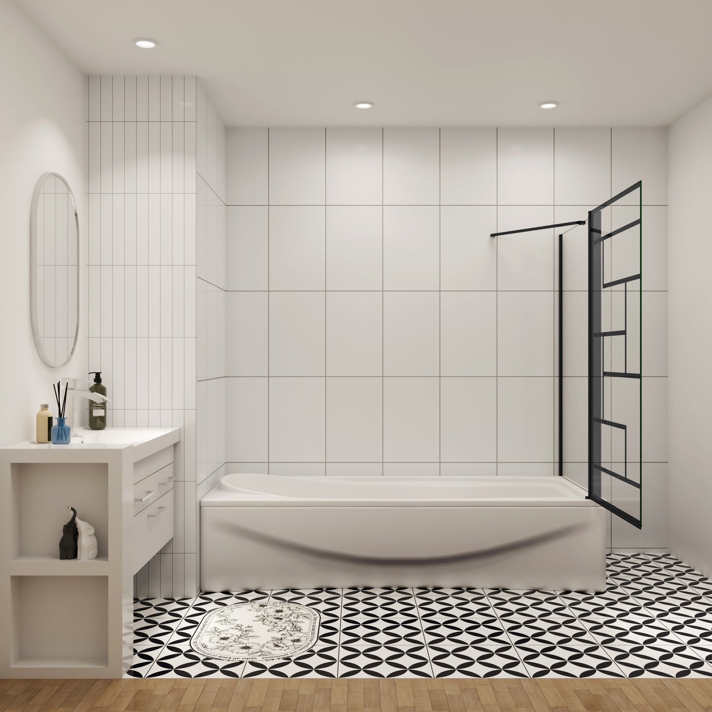 75cm zijwand + douchescherm voor badkuip met vaste badkuipbevestiging, 6mm veiligheidsglas, 80x140 cm zwart industrieel design
