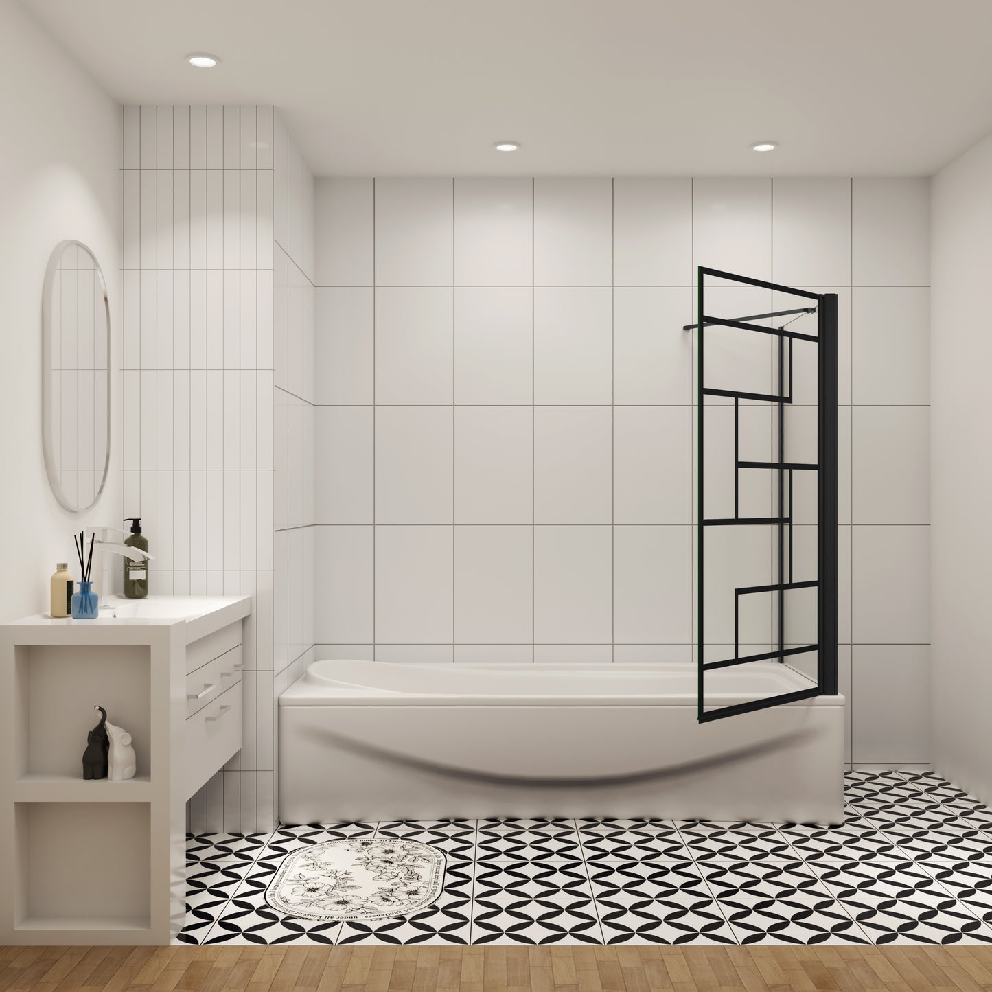70cm zijwand + douchescherm voor badkuip met vaste badkuipbevestiging, 6mm veiligheidsglas, 80x140 cm zwart industrieel design