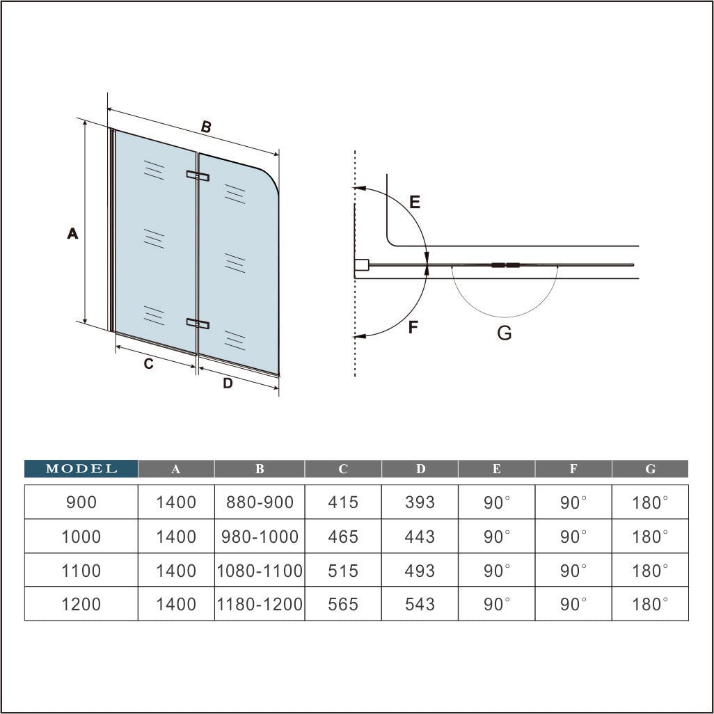 2-delig draaibaar inklapbaar 140cm hoog(diverse maten ),6 mm helder antikalkbehandeling helder veiligheidsglas ,chroom profiel