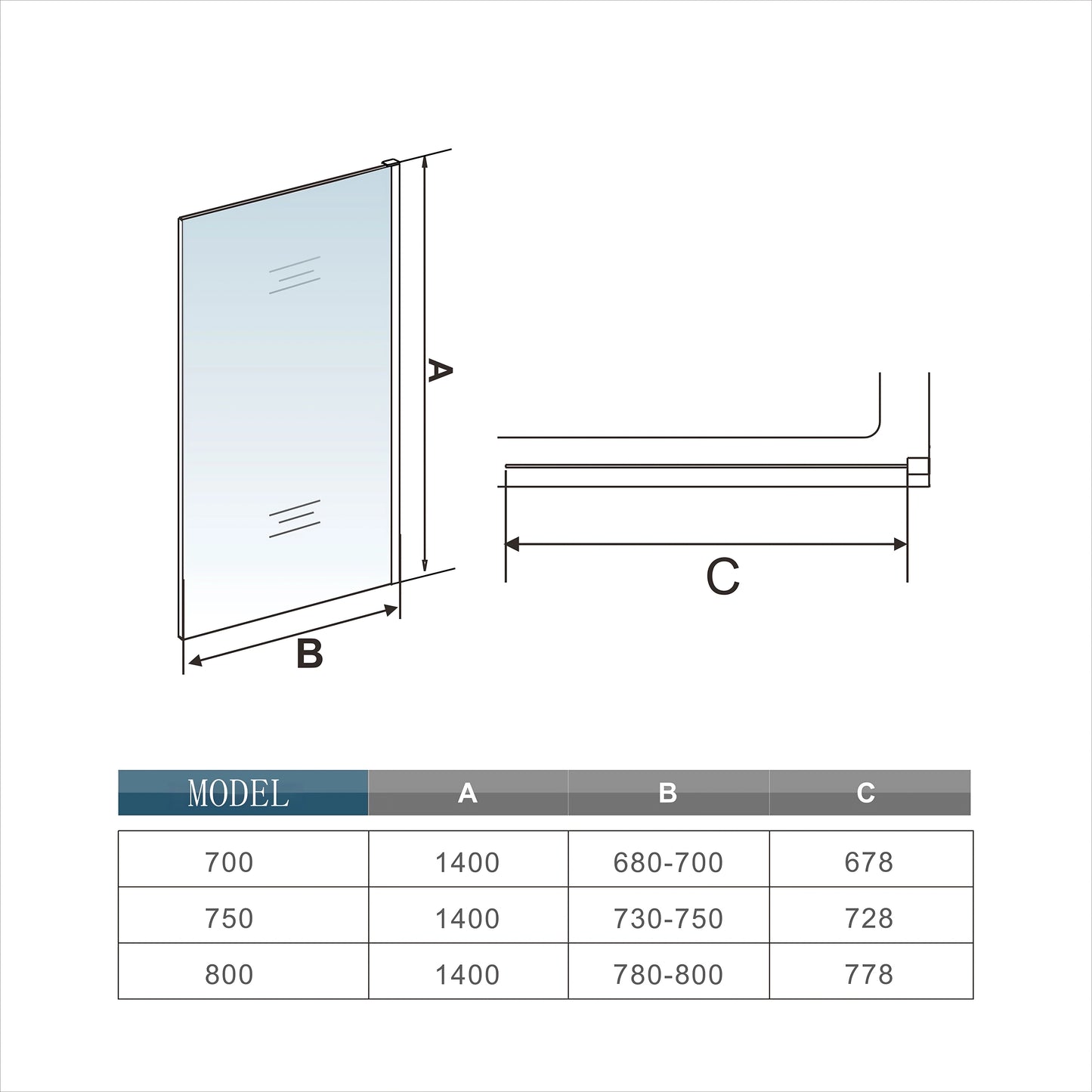 Aica industriële stijl badscherm 70/75/80x140cm 6mm easyclean glas badwand met zwarte zeefdrukrand