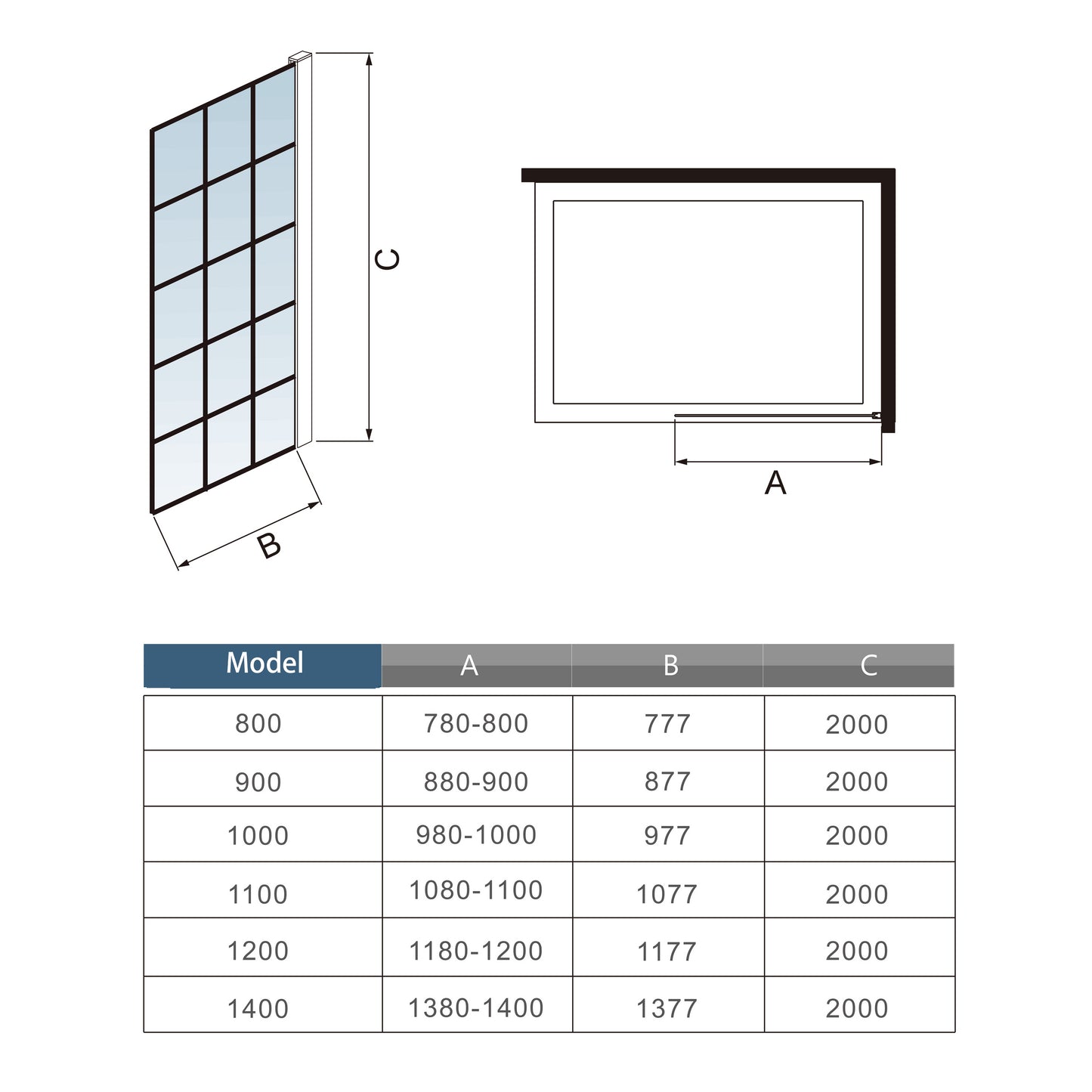 Inloopdouche 120x200cm met mat Zwart kader en raster,8mm NANO EasyClean veiligheidsglas+ Stabilisatiestang F: 140cm