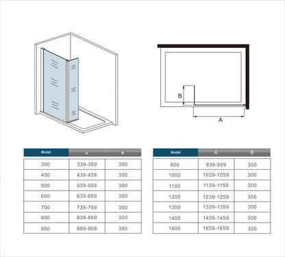 120x200cm zwarte inloopdouche + 30x200cm draaibaar hoekprofiel + N-vorm 90cm Stabilisatiestang 8mm EasyClean veiligheidsglas douchepartitie