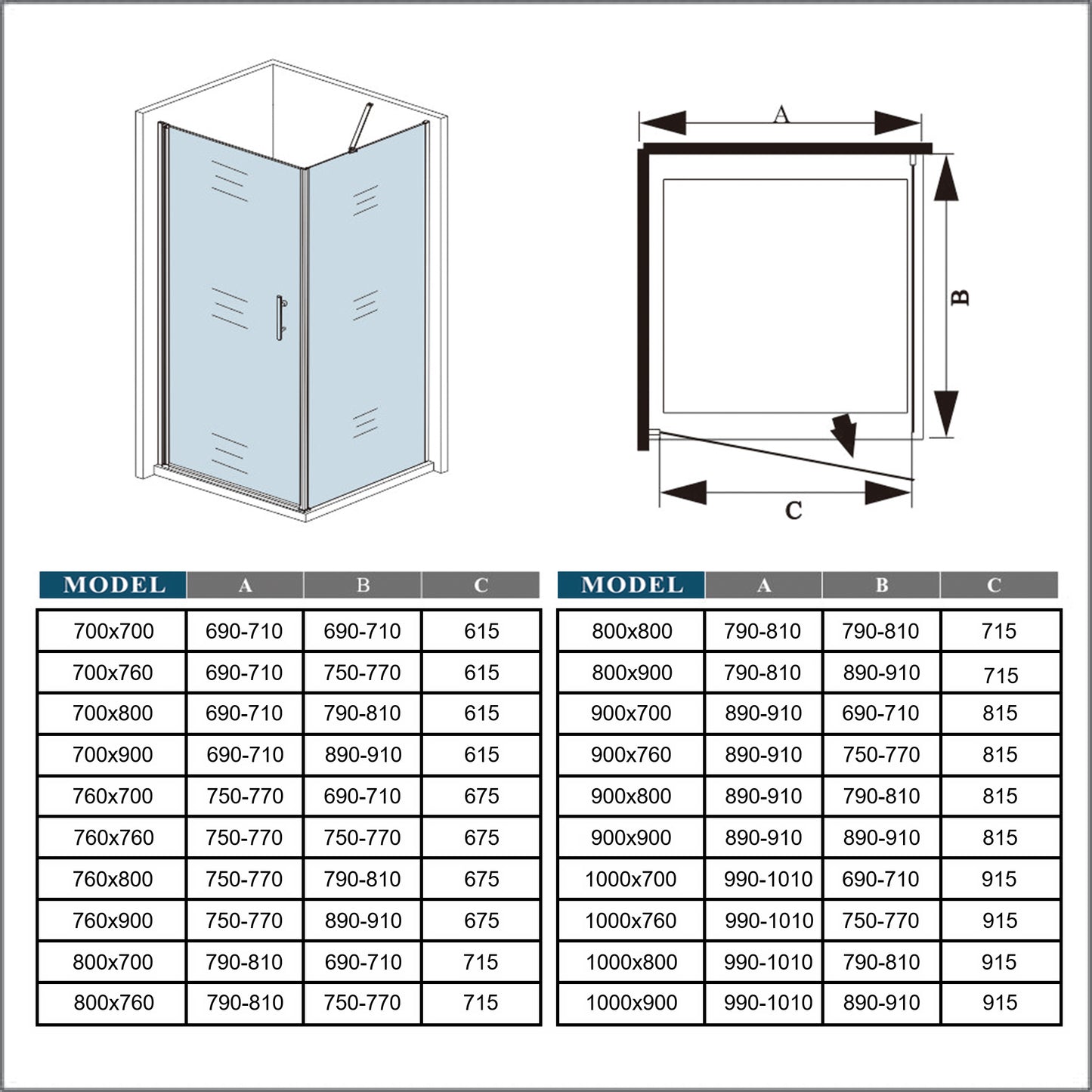 Douchecabine met 1 draaideur 185/195 cm hoog ,6mm Nano Coating Veiligheidsglas.(verschillende maten)