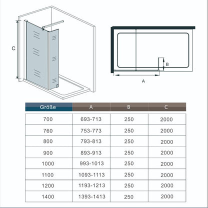 130x200cm inloopdouche + 25x200cm vast hoekprofiel + F-vorm: 90cm Stabilisatiestang 8mm NANO EasyClean veiligheidsglas douchescherm