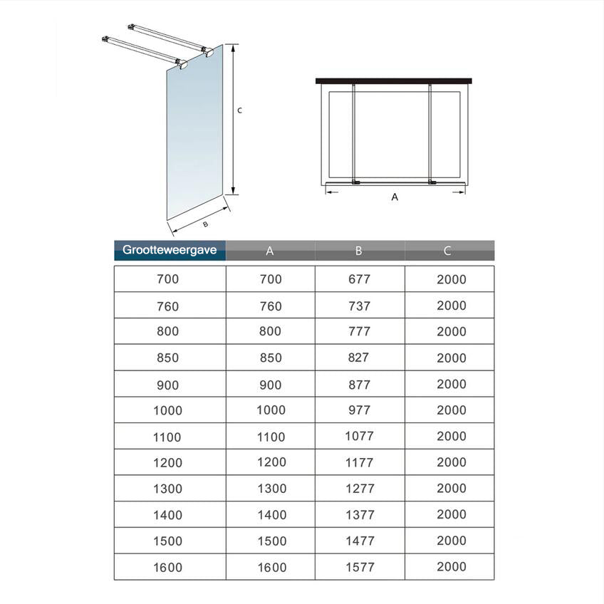 Inloopdouche 87,7x200cm + met 2 F-vorm: 90cm Stabilisatiestangen,8mm nano-veiligheidsglas