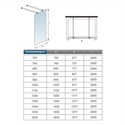 Inloopdouche 87,7x200cm + met 2 F-vorm: 90cm Stabilisatiestangen,8mm nano-veiligheidsglas