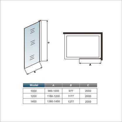 Inloopdouche 100x200cm met zwart folie, 10mm NANO EasyClean veiligheidsglas, 70-120cm Stabilisatiestang