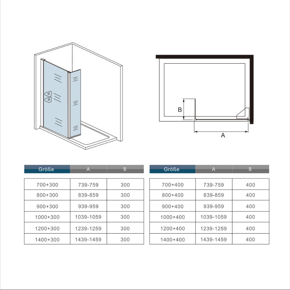 80x200cm inloopdouche met draaibaar hoekprofiel 30x200cm,zonder stabilisatiestang,8mm NANO EasyClean veiligheidsglas