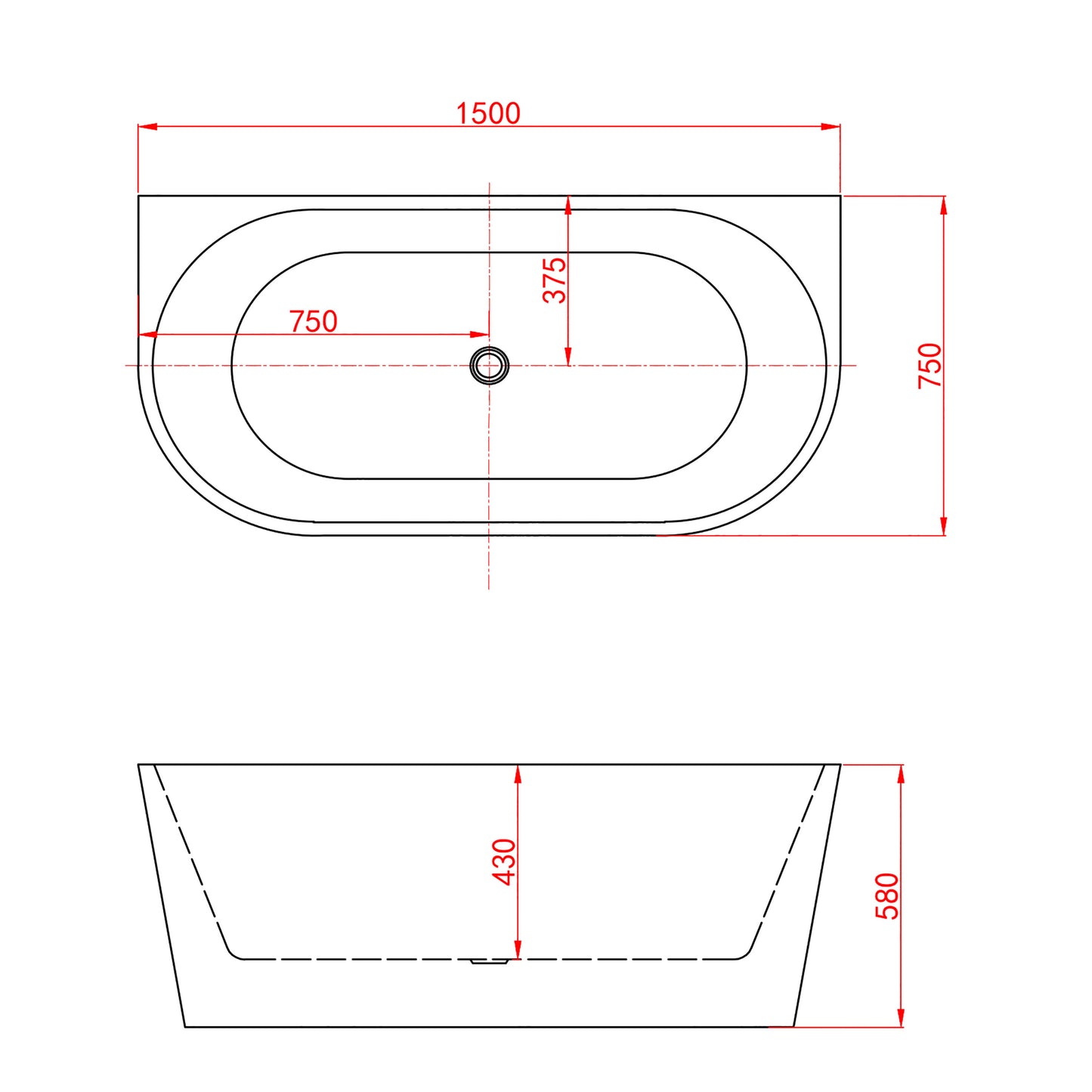 Aica Halfvrijstaand Bad 150x75x58cm/170x80x60cm-Helder Wit-Acryl-Met Afvoer-Eenvoudig te Installeren