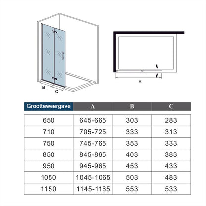 2-delige inklapbaar douchedeur,185 cm hoog,6mm NANO EasyClean veiligheidsglas,76x185 cm