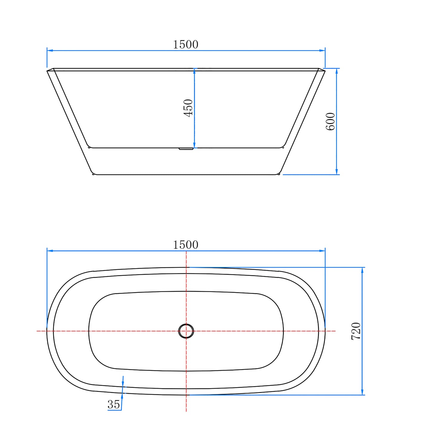 Aica Halfvrijstaand Bad 150x72x60cm/170x78x60cm-Mat zwart-Acryl-Met Afvoer-Eenvoudig te Installeren
