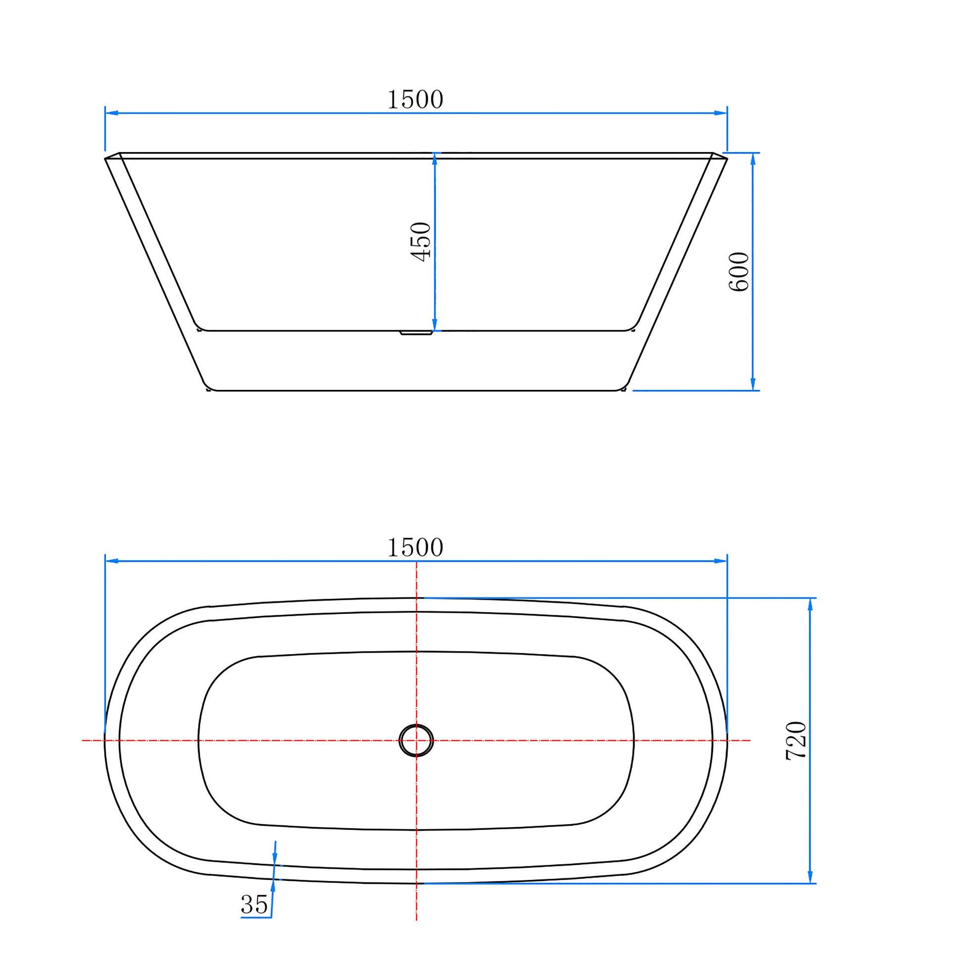 Aica Halfvrijstaand Bad 150x72x60cm/170x78x60cm-Mat zwart-Acryl-Met Afvoer-Eenvoudig te Installeren