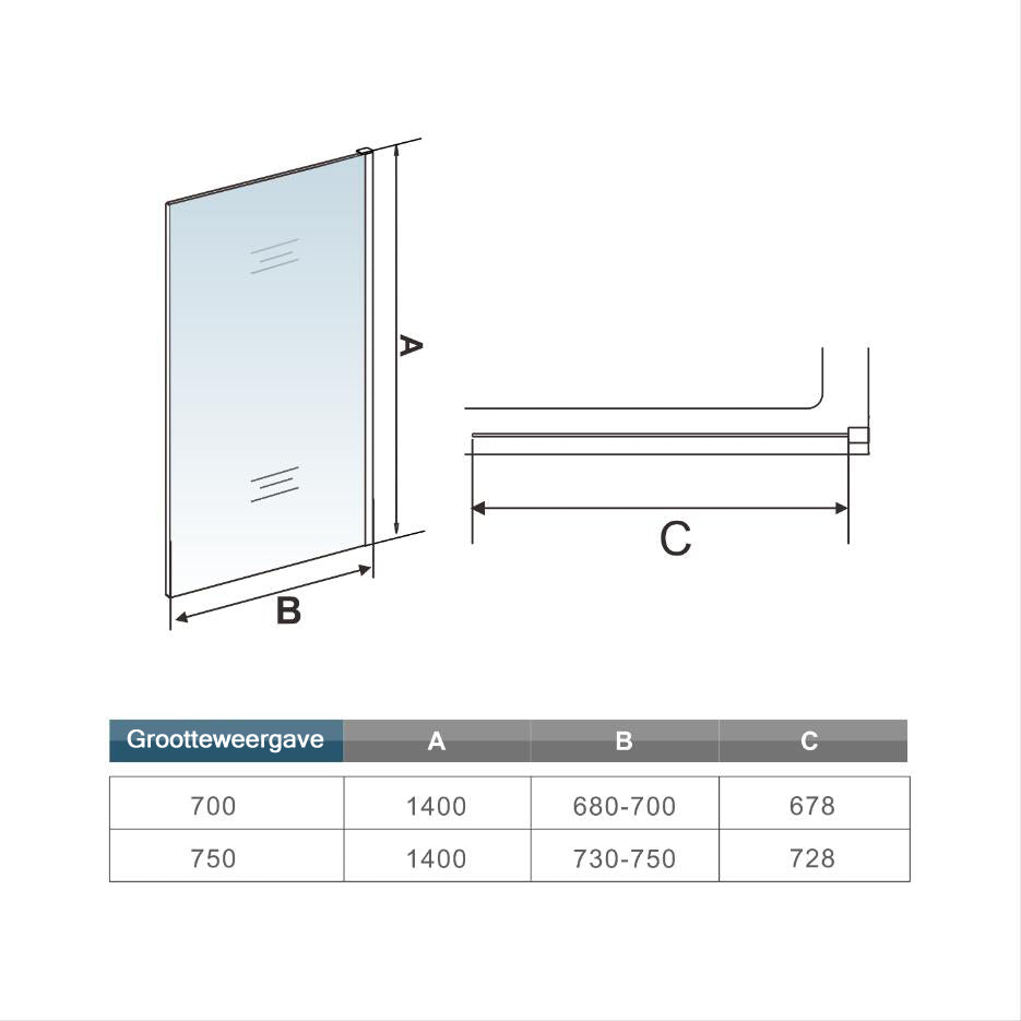 Badwand 70x140 cm,NANO EasyClean veiligheidsglas,verticale stabilisatiestang met plafondbevestiging