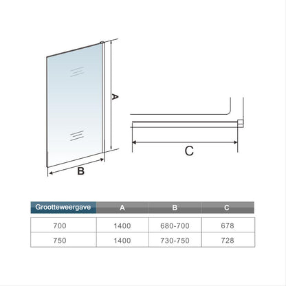 Badwand 70x140 cm,NANO EasyClean veiligheidsglas,verticale stabilisatiestang met plafondbevestiging